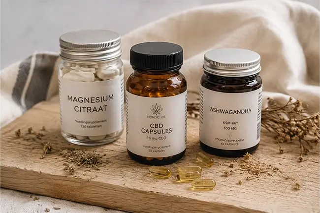 CBD capsules naast magnesium en ashwagandha supplementen op houten plank