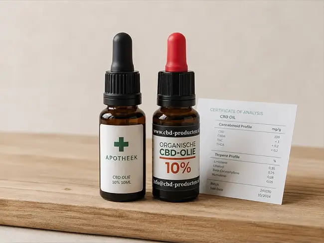 cannabidiol druppels en COA-rapport op houten plank