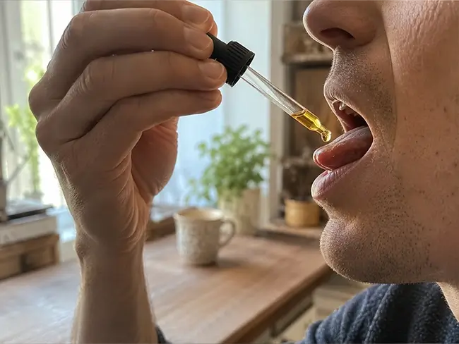 CBD olie druppel uit pipet boven tongetje wijst op cbd olie jacob hooy gebruik