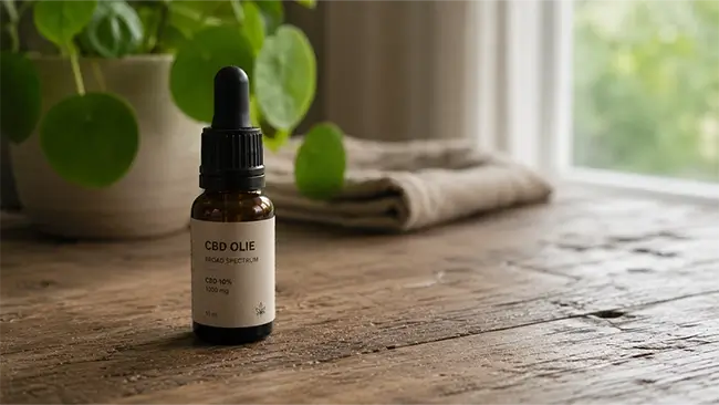 CBD olie Jacob Hooy flesje op houten tafel