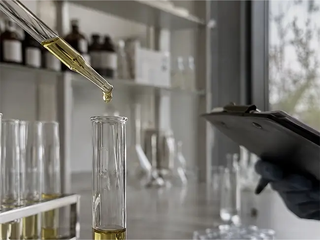 Laboratoriumtest van beste cbd olie met pipet en glaswerk
