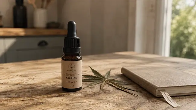 CBD olie Nederland flesje met druppelpipet op houten tafel