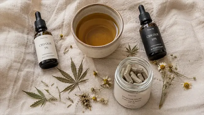 CBD thee gecombineerd met CBD olie, CBN olie en magnesium voor avondritueel