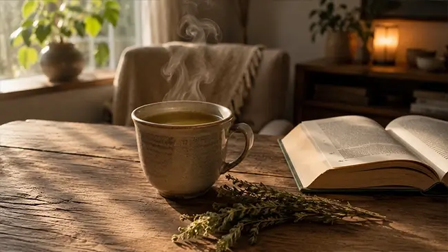 CBD thee in een warme kop op een houten tafel als avondritueel