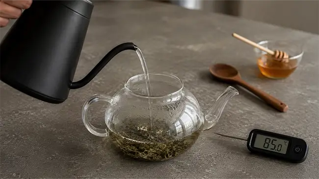 CBD thee zetten met water net onder kookpunt en losse hennepblaadjes