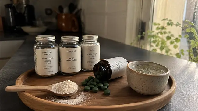 Natuurlijke supplementen met psyllium chlorella en probiotica voor je spijsvertering