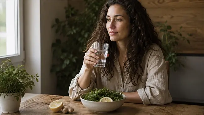 Vrouw met een glas water en groene voeding als start van haar darmen detox