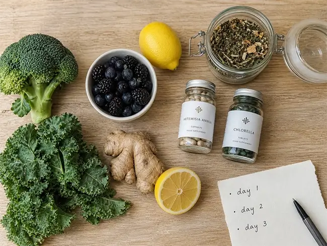 Plat gelegd schema met verse groenten, fruit en supplementen voor een driedaagse detox