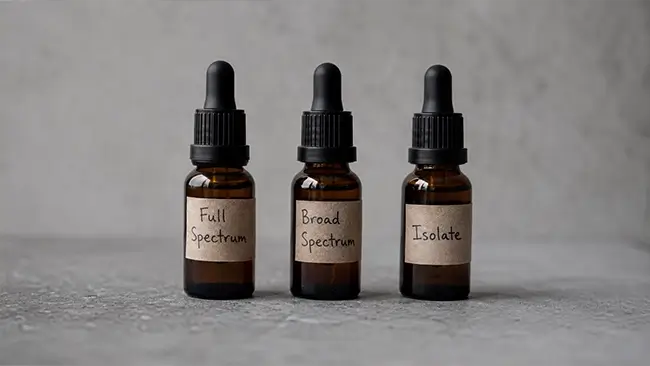 Drie soorten CBD olie naast elkaar: full spectrum, broad spectrum en isolaat