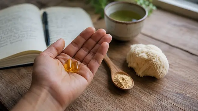 Omega 3 capsules en lion's mane poeder voor hersenen herstel