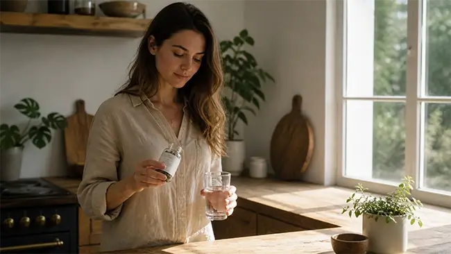Vrouw houdt hormonen in balans supplementen vast bij ochtendlicht in de keuken