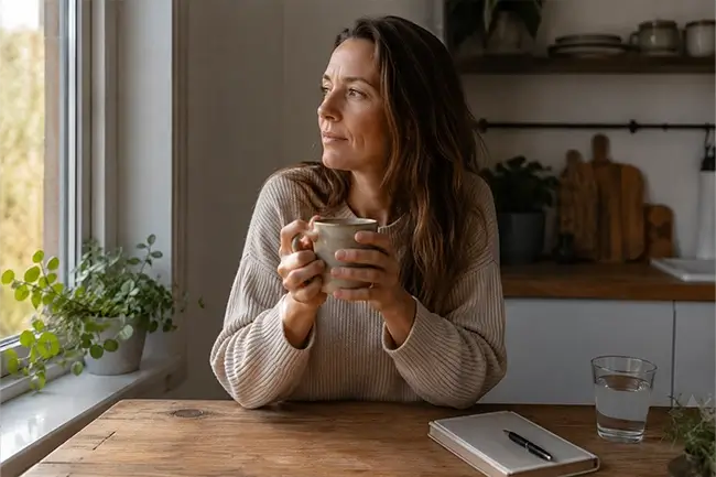 Vrouw zit rustig aan keukentafel met thee en herkent signalen van hormonen uit balans