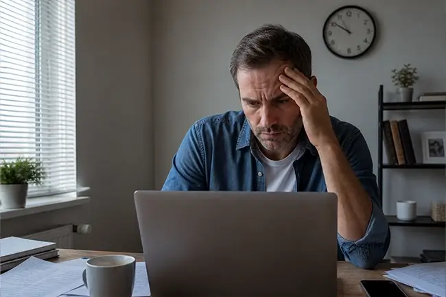 Man met laptop ervaart stress als veelvoorkomende oorzaak van hormonen uit balans