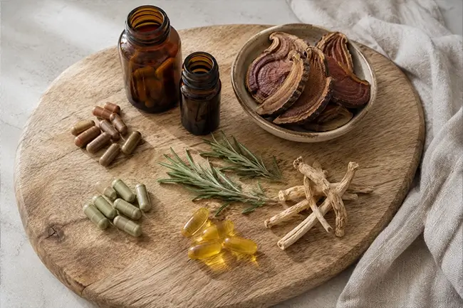 Verschillende natuurlijke supplementen tegen hormonen uit balans op houten plankje