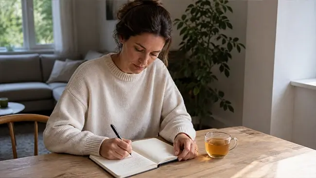 Vrouw schrijft cyclusklachten op in dagboek voor hormoonhuishouding overzicht