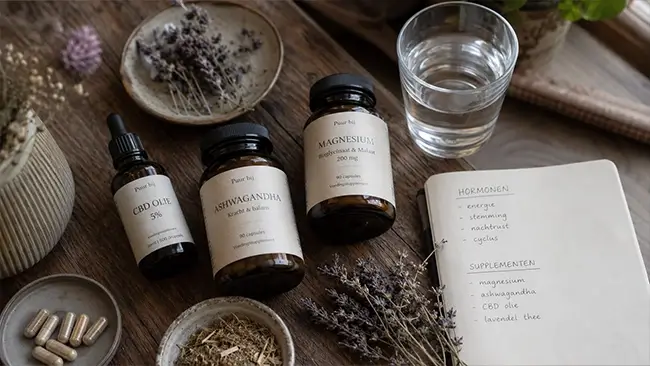 Natuurlijke supplementen bij hormoonklachten op een houten tafel