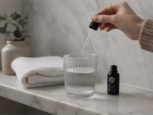 Dosering van indium druppels op een lepeltje bij de start van de dag