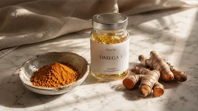 Kurkuma capsules en omega 3 als leververvetting supplementen op tafel