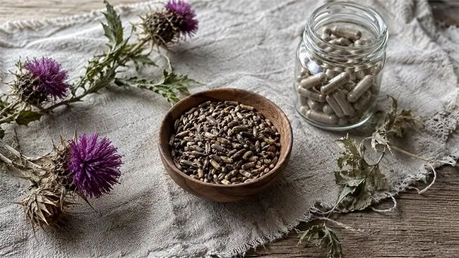 Mariadistel als onderdeel van leververvetting supplementen op houten tafel