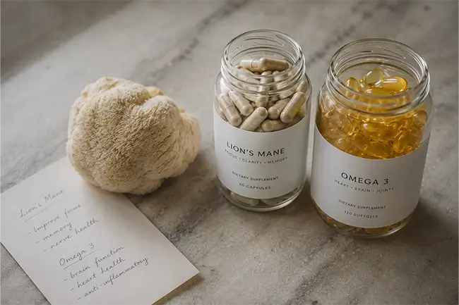 Lion's Mane capsules en omega 3 als geheugen verbeteren supplementen