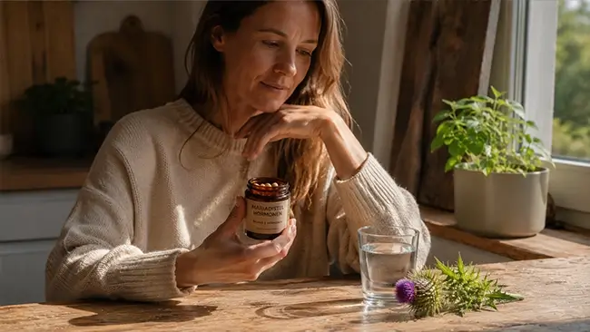 Vrouw houdt mariadistel hormonen capsules vast in zonlicht
