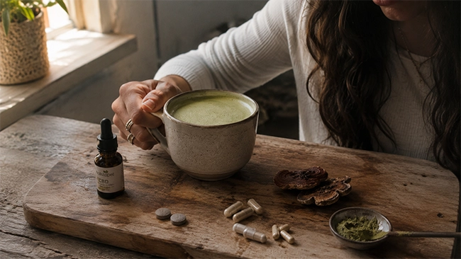 Matcha poeder kom naast supplementen voor focus en balans op houten plank