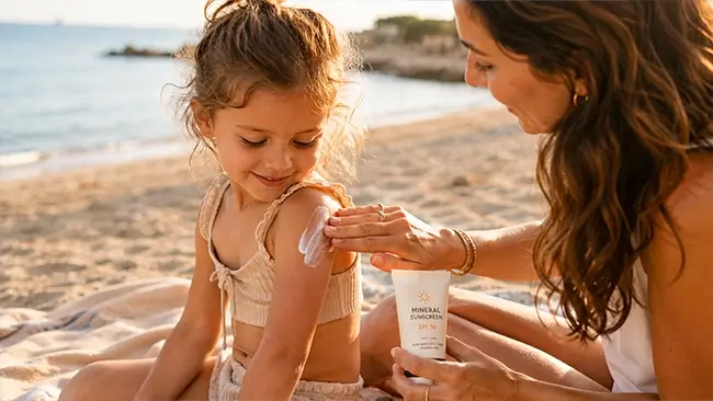 Ouder smeert kind in met minerale zonnebrand zonder parabenen op het strand