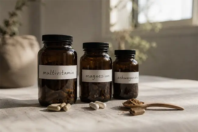 Multi man supplementen op tafel met magnesium en ashwagandha