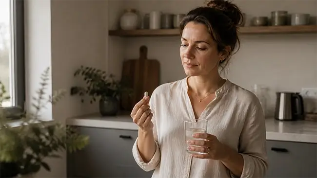 Vrouw neemt haar multi vitamine vrouw als dagelijkse routine