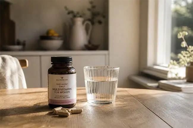 Multi vitamine vrouw supplementen op tafel met glas water