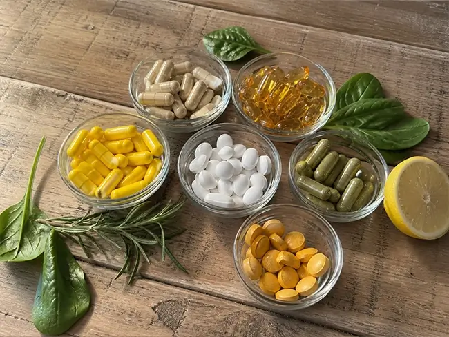 Vitamines en mineralen voor multi vrouw op houten tafel