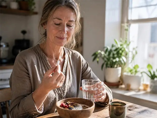 Vrouw van 50 plus eet gezond en neemt haar multivitamine in tijdens het ontbijt
