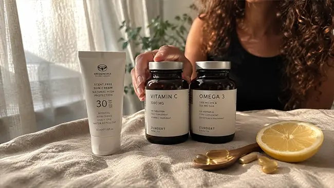 supplementen voor huid van binnenuit naast een fles natuurlijke zonnebrand