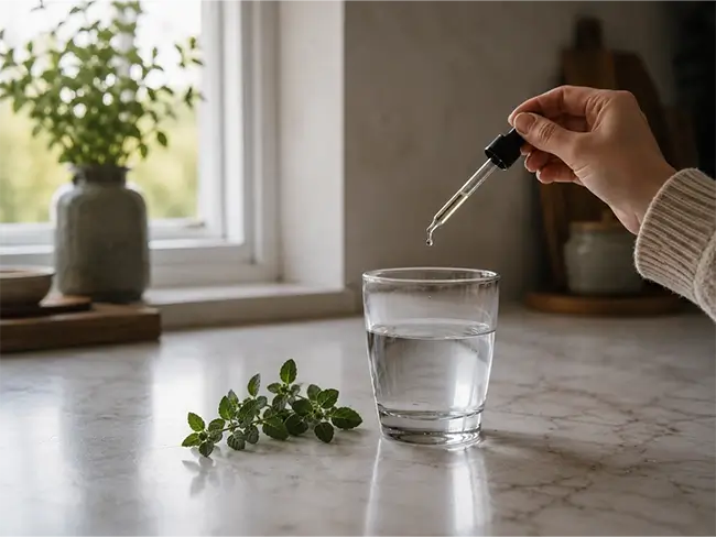 Druppels oregano olie worden gemengd in glas water op keukenblad