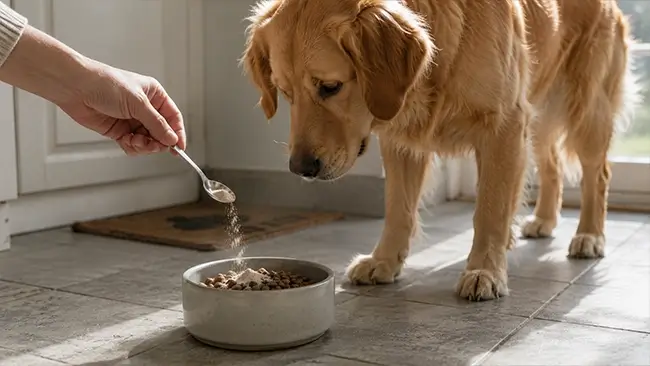 Hond krijgt palmitoylethanolamide poeder door zijn voer