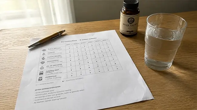 schema voor een parasietenkuur op papier met glas water