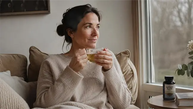 Vrouw van begin veertig drinkt thee en gebruikt perimenopauze supplementen voor rust