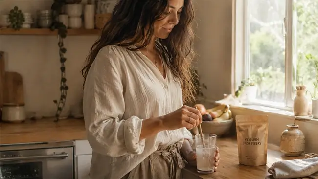 Vrouw roert psyllium husk door glas water in een lichte keuken