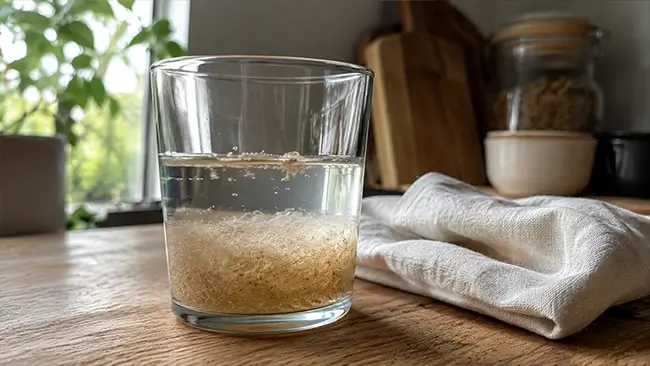 Psyllium husk vezels in glas water op houten tafel