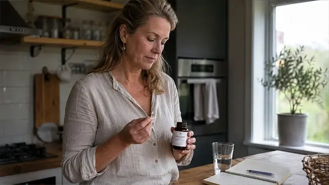 Vrouw 45+ houdt shatavari capsules vast: shatavari werking bij hormoonbalans