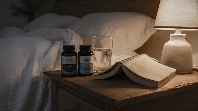 Slaap supplementen op een nachtkastje met een glas water en een boek