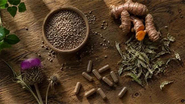 Verschillende supplementen voor lever met mariadistel en kurkuma op een houten tafel