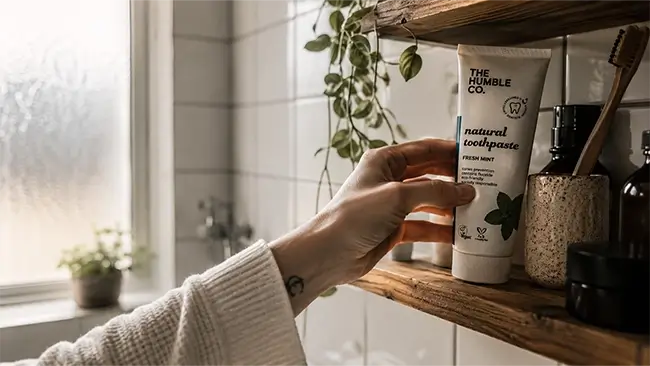 Tandpasta zonder microplastics op een houten plank in een natuurlijke badkamer