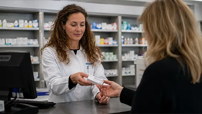 Apotheker pakt een doosje met medicinale cannabisolie van Bedrocan in een Nederlandse apotheek
