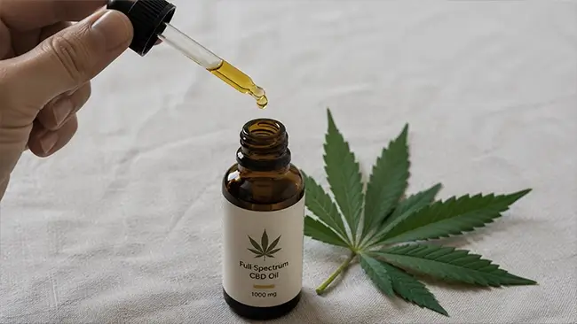 Druppelaar met goudkleurige full spectrum CBD olie als legaal alternatief voor THC olie kopen, met hennepblad op tafel
