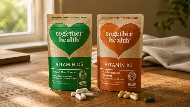 Vitamine D3 en K2 capsules naast elkaar op een houten ondergrond