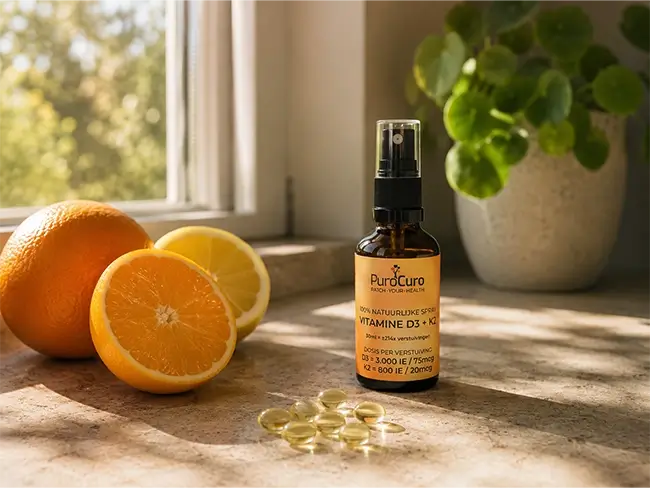 Vitamine D3 supplementen op tafel met fruit en zonlicht door het raam