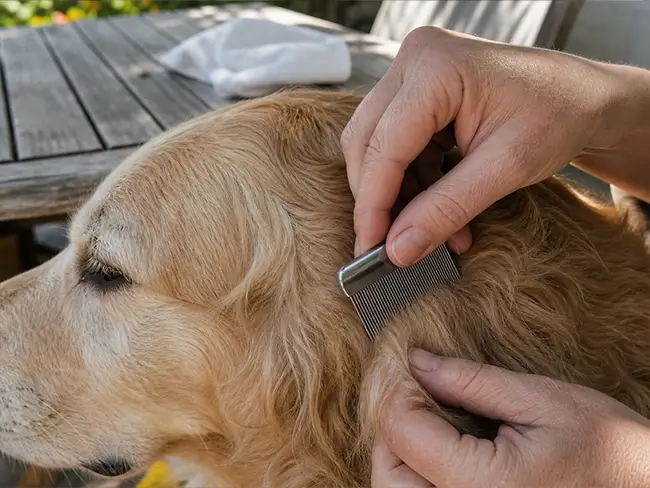 Vacht van een hond controleren op vlooien met een vlooienkam