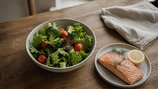 Schaal verse groenten en zalm op tafel als basis voor hormoonbalans