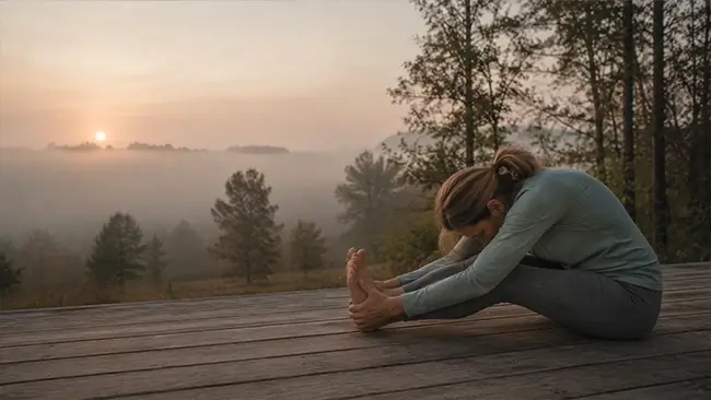 Vrouw doet yoga bij zonsopgang als ondersteuning naast perimenopauze supplementen